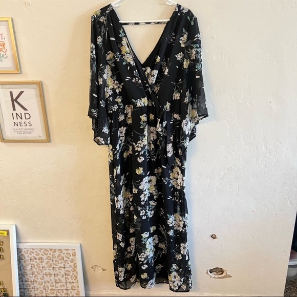 K. Jordan Black Floral Print Faux Wrap Midi Dress Extra Large - Picture 1 of 10
